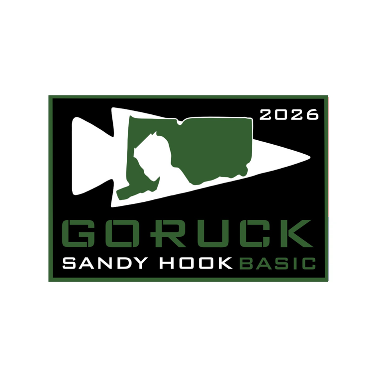 Sandy Hook Memorial - Basic Challenge patch: green text, rucksack on arrowhead. Newtown tribute.