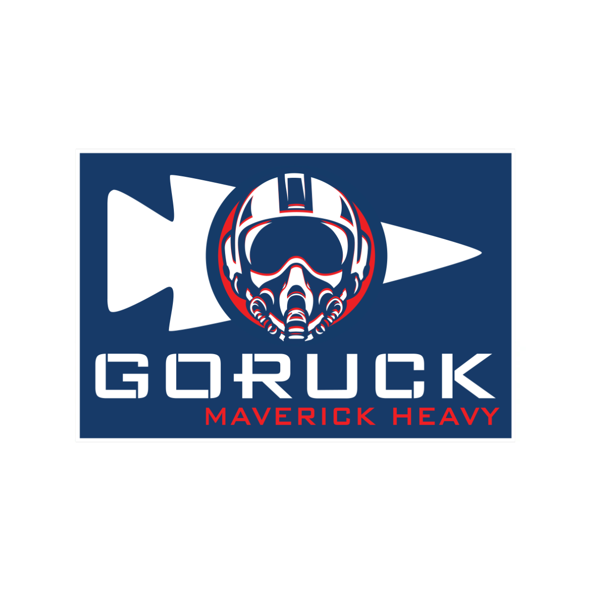 GORUCK Maverick Heavy logo featuring a pilot helmet icon over a blue rectangular background for the San Diego Recon Raider event.