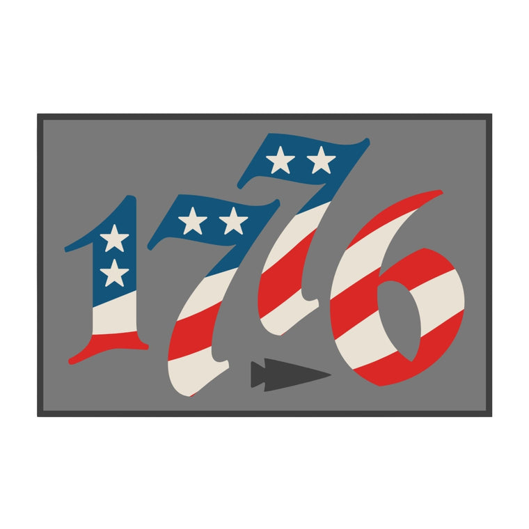 The 1776 Ruck features stars and stripes in the style of the American flag on a gray background—ideal for celebrating Independence Day or motivating your next 17.76 mile ruck challenge.