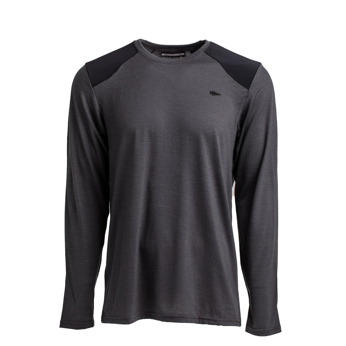 Men’s Commando Long Sleeve - Merino Wool in dark gray, featuring black shoulder accents and a modern commando sweater design, crafted from premium Merino wool and shown on a white background.