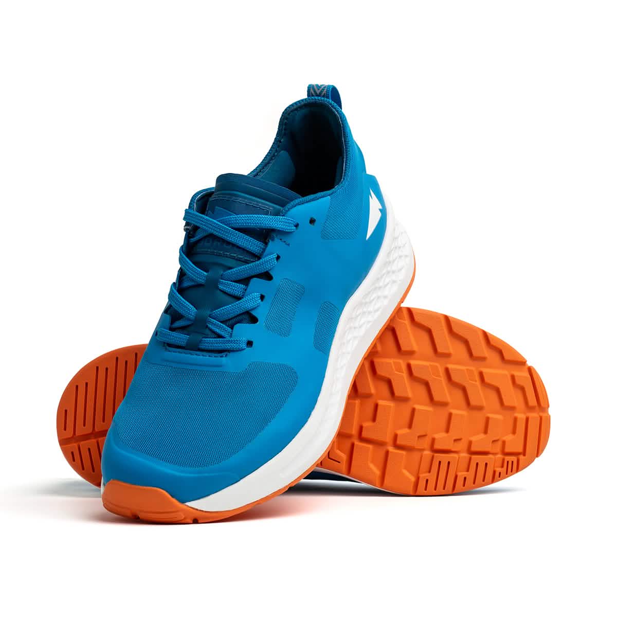 A pair of GORUCK's Rough Runner shoes in Electric Blue, featuring blue uppers, orange outsoles, and white Gradient Density EVA midsoles. One shoe stands upright while the other leans against it, highlighting the distinctive Rough Runner tread pattern on the sole.