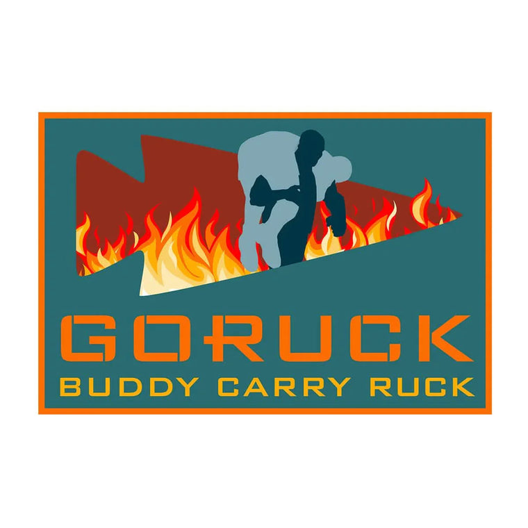 GORUCK Buddy Carry Ruck logo with silhouette of person carrying another, flames in background