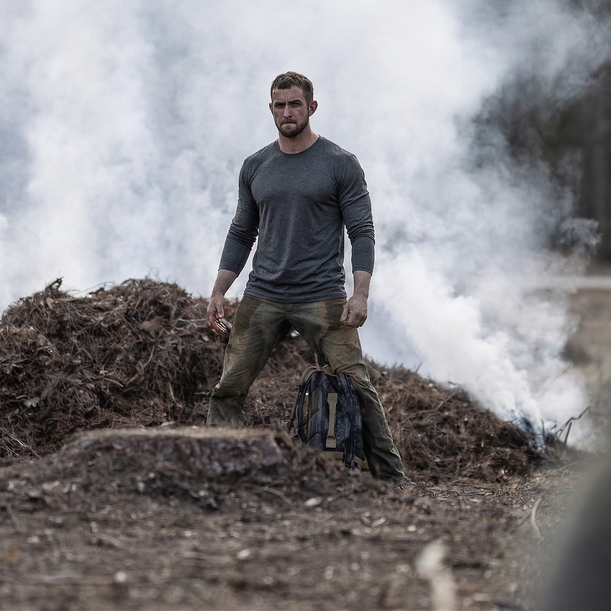 A man wearing the Men's Slick Long Sleeve - Tri-BlendX stands by a smoking pile of debris in a rugged outdoor setting.