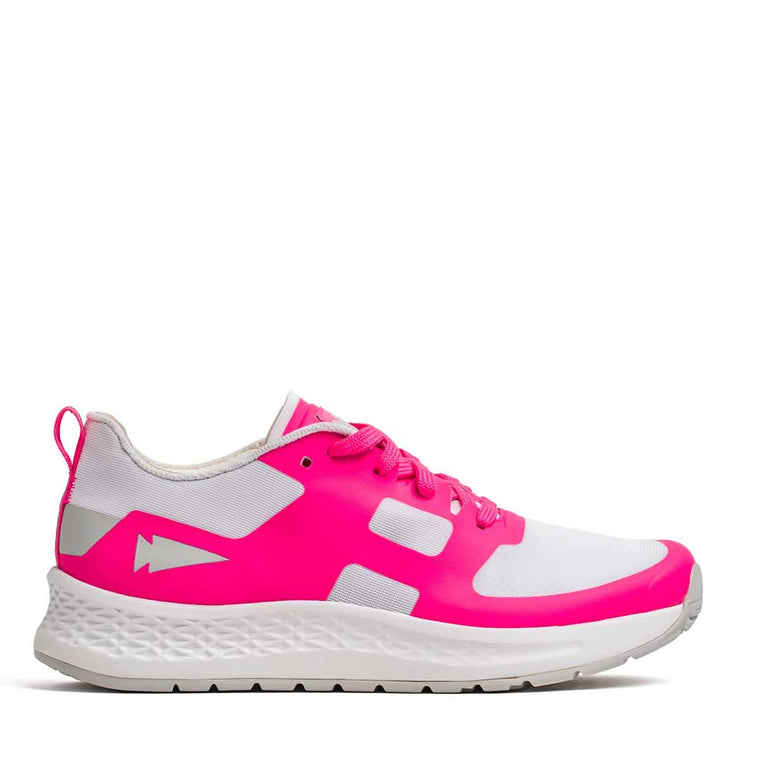 Introducing the Rough Runner - Hot Pink by GORUCK, a stunning running shoe perfect for your next Rough Runner event. This sleek design features vibrant pink accents on the heel, toe, and laces. The white sole includes a textured pattern for excellent grip and Gradient Density support, ensuring it's crafted for both style and performance.