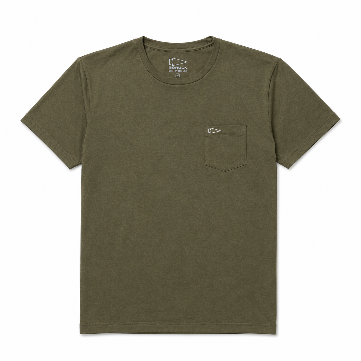 The Short Sleeve Pocket Tee - Tri-BlendX in olive green, featuring a small left chest pocket, is shown laid flat on a white background.