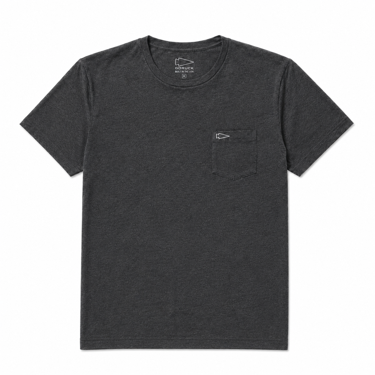 The Short Sleeve Pocket Tee - Tri-BlendX in dark gray features a small left chest pocket and is shown laid flat on a white background.