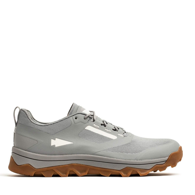 GORUCK grey rucking shoe with rugged brown sole, side view on white background