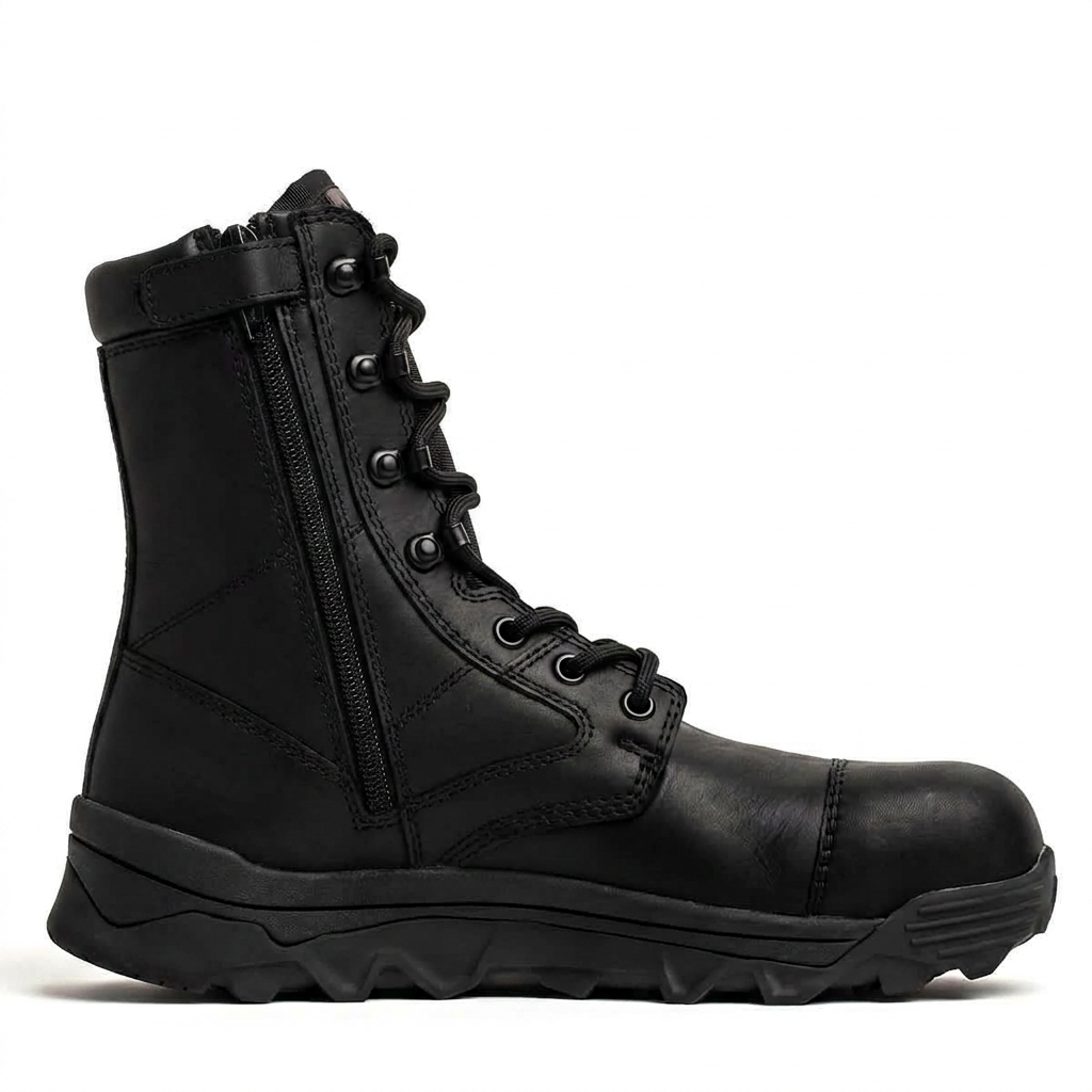 The MACV-2 Safety Boot - 8" High Top is a black tactical boot with laces, side zipper, composite toe, and rugged sole, displayed in profile on a white background.