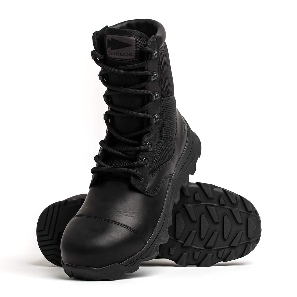 Black GORUCK rucking boots with rugged soles, designed for tough outdoor gear performance