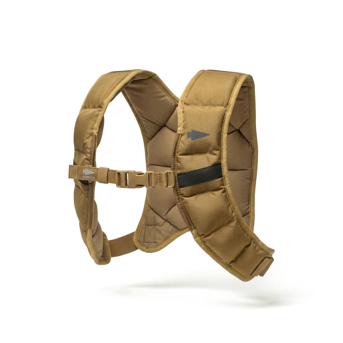 The Spy Ruck | Women's Weighted Vest features a tan padded harness with adjustable straps and buckle, ensuring a secure, comfortable fit—perfect for women during GORUCK or Spy Ruck training sessions.