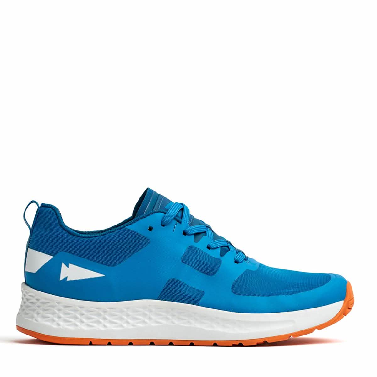 Introducing the Rough Runner - Electric Blue by GORUCK—a dynamic athletic shoe designed for high mileage running, featuring a rich blue upper complemented by a white sole and vibrant orange outsole. It includes a Gradient Density EVA midsole for enhanced comfort, highlighted with a sleek white arrow graphic and textured design. Completed with laces on top and a convenient pull tab at the heel, this shoe is both functional and stylish.