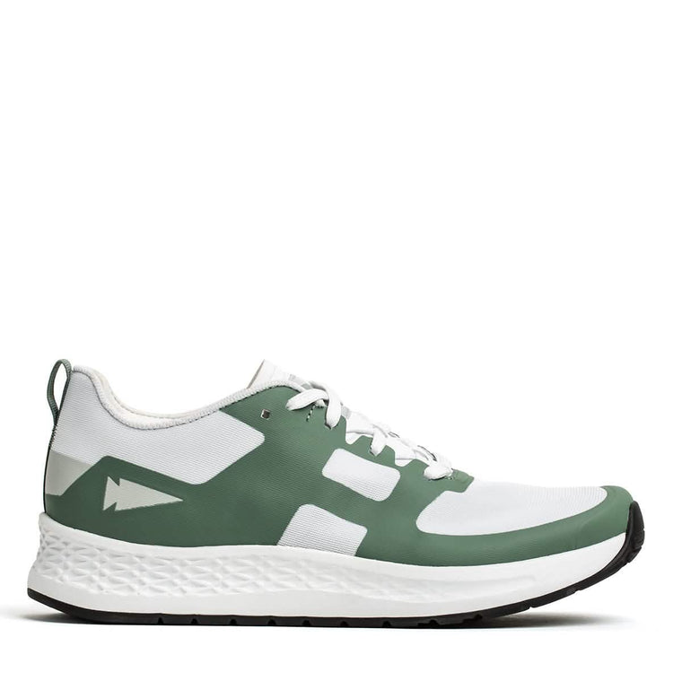 Introducing the Rough Runner - Seaspray from GORUCK, a stylish athletic shoe featuring a green and white geometric design. It includes a textured white sole made from Gradient Density EVA and is complemented by a black outsole. With its lace-up closure and convenient heel loop, it's the ideal choice for any Rough Runner in style.