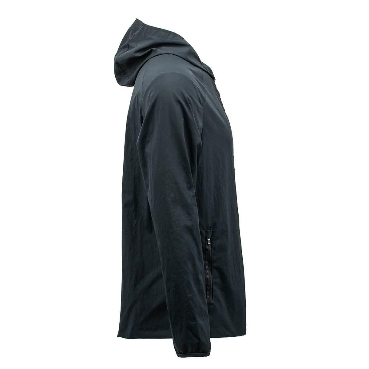 GORUCK black windbreaker jacket side view with hood and zippered pocket