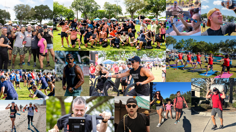 A collage showing people participating in outdoor fitness events, including park group workouts, yoga classes, treadmill running, obstacle course challenges, and beach activities.